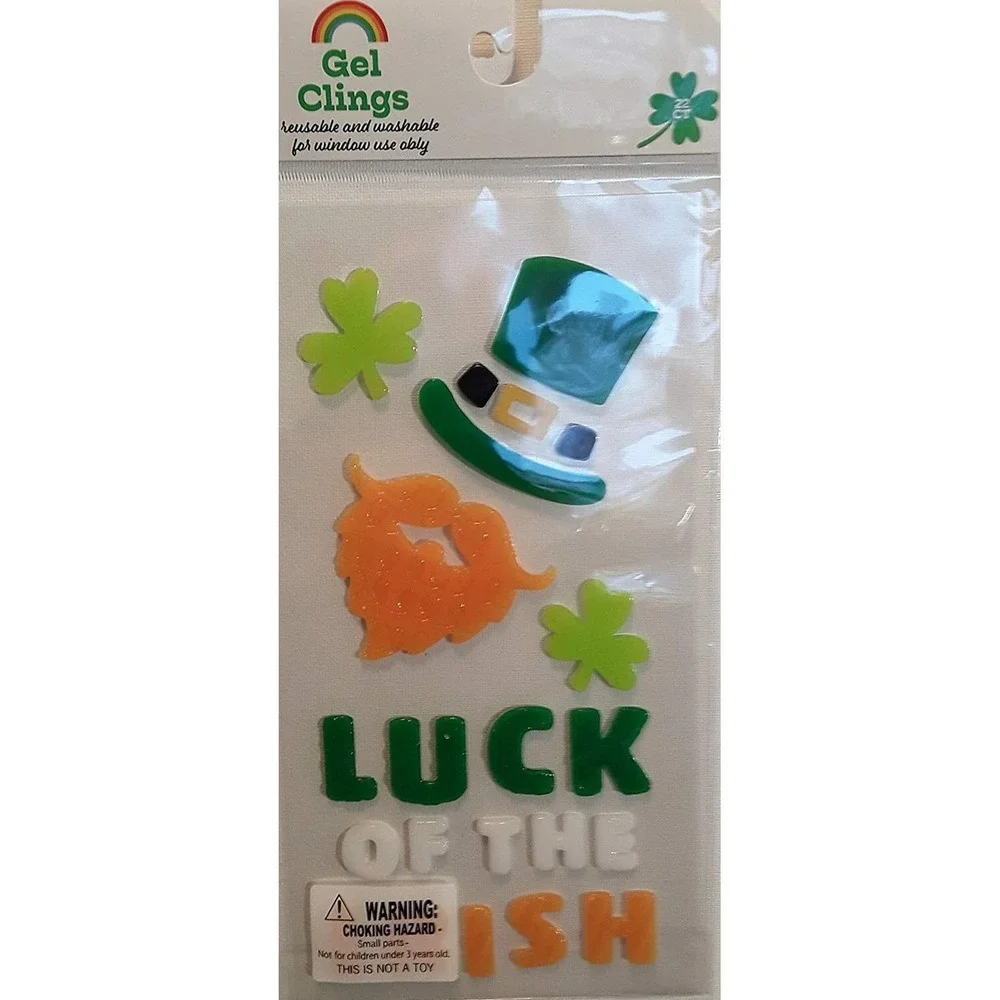 NEW LUCK of the IRISH Leprechaun Clovers Shamrock Window Gel Clings Decor 22 ct